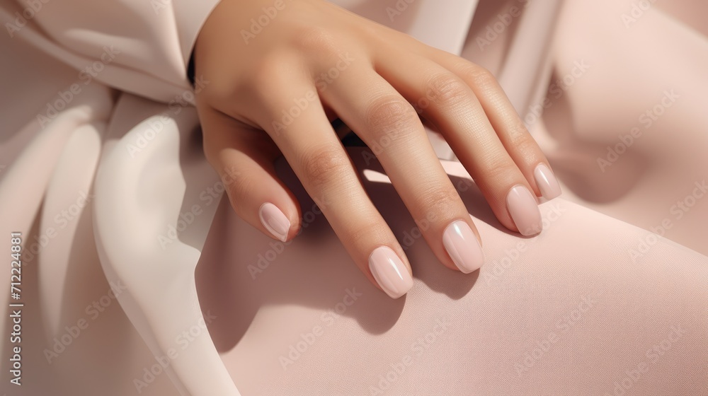 Woman hand with nude shades nail polish on her fingernails. Nude color nail manicure with gel polish at luxury beauty salon. Nail art and design. Female hand model. French manicure Ai generated Woman hand with nude shades nail polish on her fingernails. Nude color nail manicure with gel polish at luxury beauty salon. Nail art and design. Female hand model. French manicure Ai generated