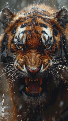 A close-up of a tiger muzzle head with an evil grin. Wild big cat