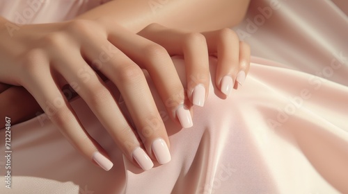 Woman hand with nude shades nail polish on her fingernails. Nude color nail manicure with gel polish at luxury beauty salon. Nail art and design. Female hand model. French manicure Ai generated photo