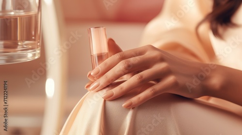 Slika na platnu Woman hand with nude shades nail polish on her fingernails