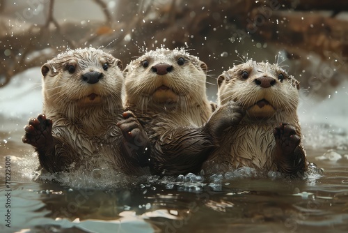 group of otters holding hands while floating down a serene river © jamrut