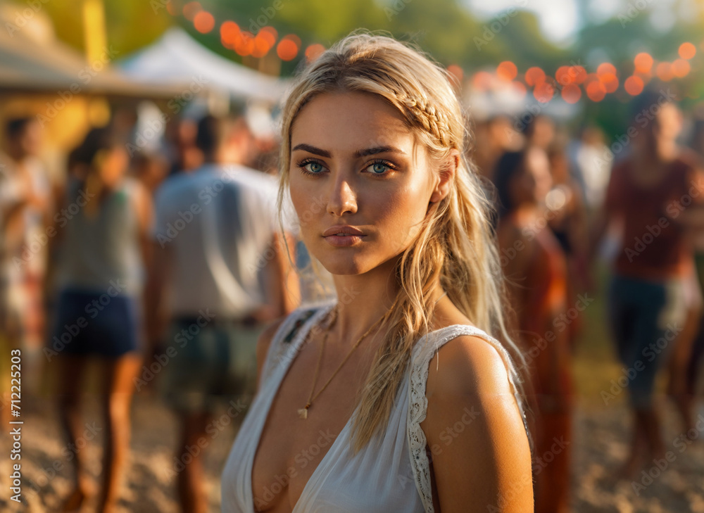 young adult woman, caucasian, blonde, hippie style, attractive slim, summery temperatures and nice weather, a city festival or a party on vacation, fictional place