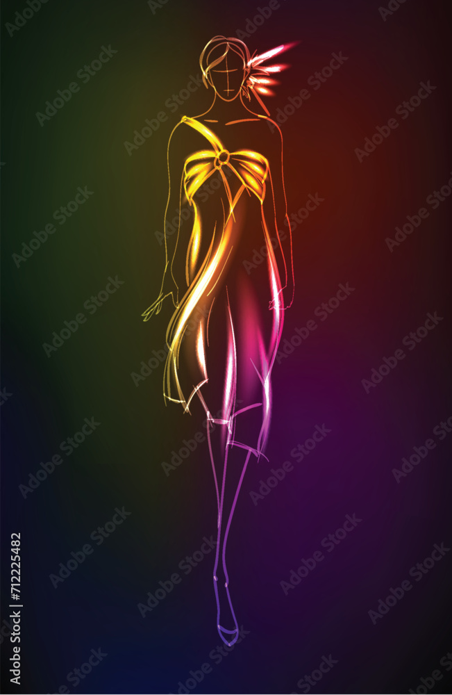 Hand-drawn fashion model from a neon. A light girl's. Fashion girl. Hand-drawn fashion model from a neon. A light girl's. Fashion girl.