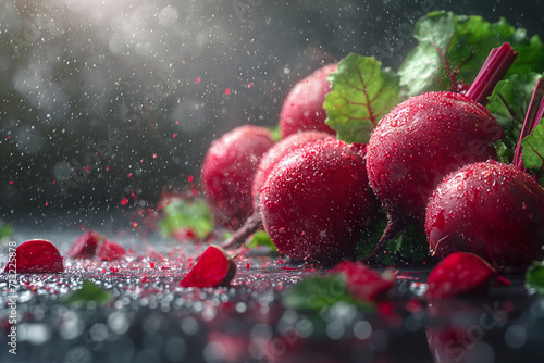 Red beetroots flying around on black background with water drops