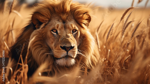 A lion on a plain with dry grass © frimufilms