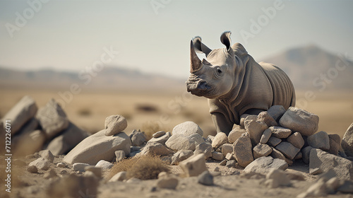 A rhinoceros among stones on a plain