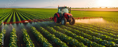 Tractor spraying pesticides in soybean field during springtime	
 photo