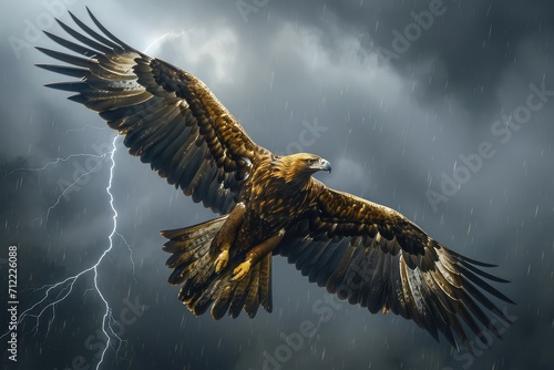 golden eagle soaring through a stormy sky, lightning illuminating its wings © jamrut