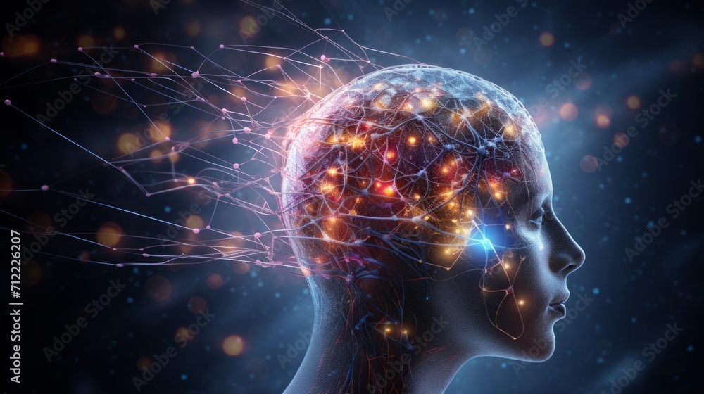 Human head with Brain with neurons sparkling Human head with Brain with neurons sparkling