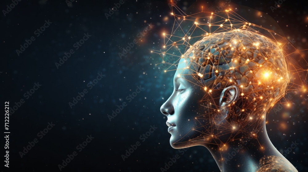 Human head with Brain with neurons sparkling Human head with Brain with neurons sparkling