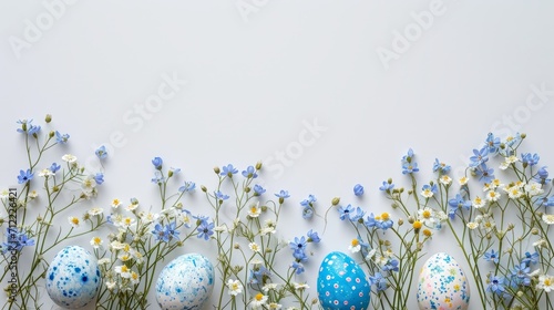 Forget-me-nots flowers and colorful Easter eggs on a white background on the left