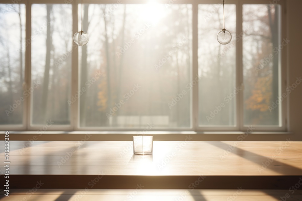 An empty glass on a wooden table with a large window in the background An empty glass on a wooden table with a large window in the background