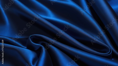 A blue silk or satin fabric is shown in full frame, with some wrinkles and folds. The lighting creates a sense of depth and texture, making the fabric look rich and luxurious.