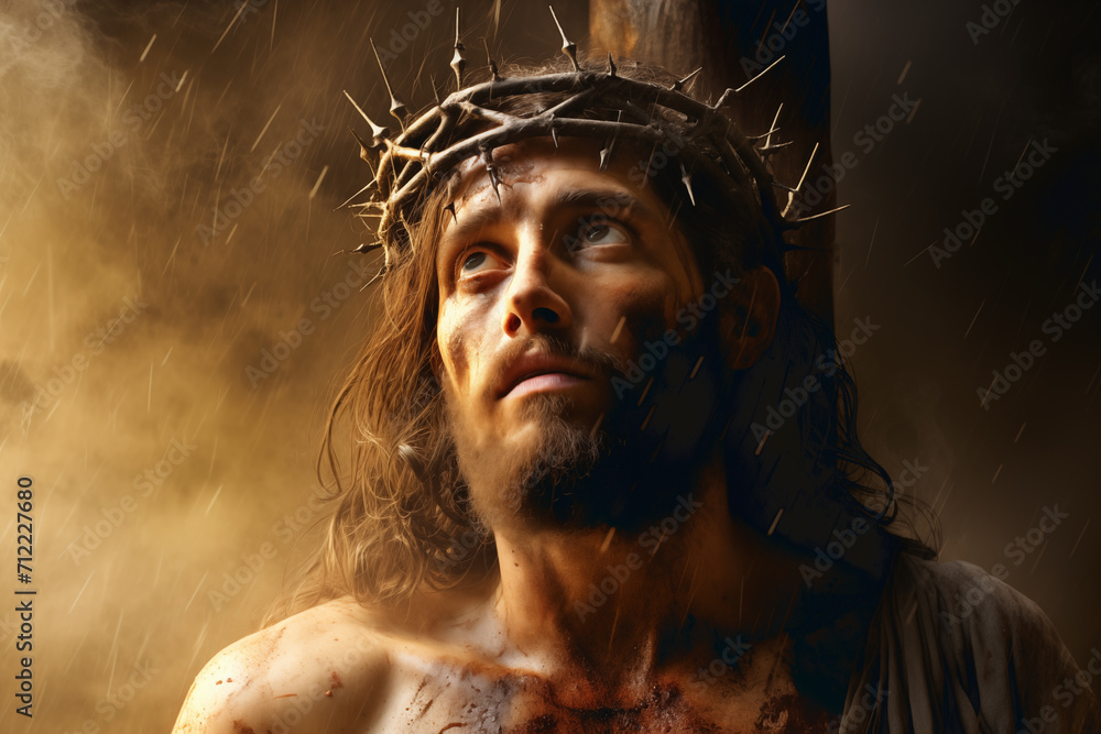 Jesus Christ crucified. On the cross with crown of thorn.close-up - obrazy, fototapety, plakaty 