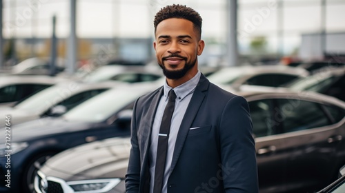 Black car salesman standing in front of a row of cars photo