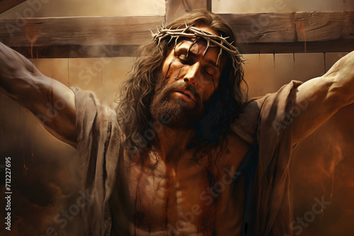 Jesus Christ crucified. On the cross with crown of thorn.close-up photo