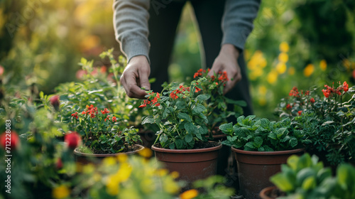 A person tending to a garden in with potted plants, cultivating natural beauty