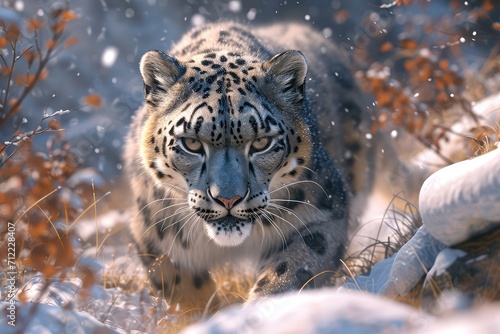 snow leopard stalking through a Himalayan mountain range  its fur blending with the snow