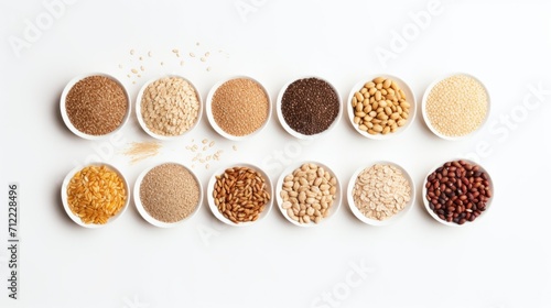 Top view of a variety of cereals in bowls on a white isolated background. Cereals, Legumes, Food, Agricultural products concepts.