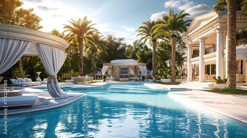 An extravagant pool party at a luxurious mansion, complete with VIP cabanas and a DJ booth