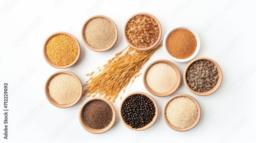 Top view of a variety of cereals in bowls on a white isolated background. Top view of a variety of cereals in bowls on a white isolated background.