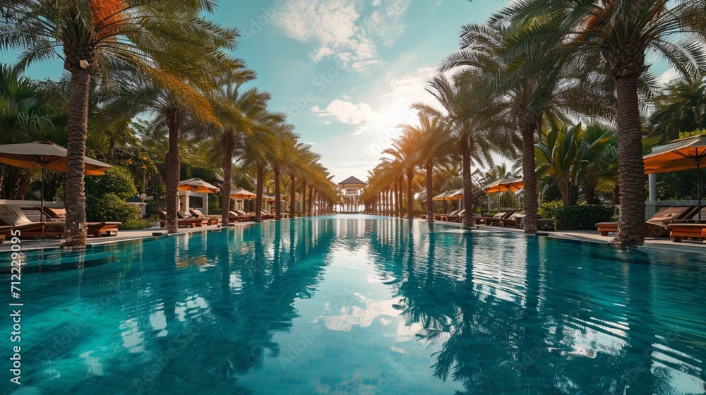 The shimmering surface of a luxurious swimming pool surrounded by palm trees and lounge chairs