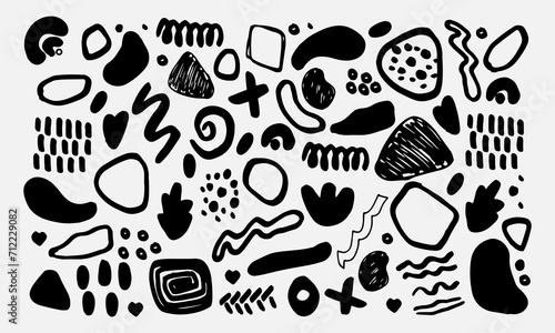 Hand drawn vector illustration , different shapes elements black sketch line art , doodle pattern trend isolate on white for different design uses and prints, fabric or paper wallpaper and background.
