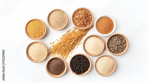Top view of a variety of cereals in bowls on a white isolated background.