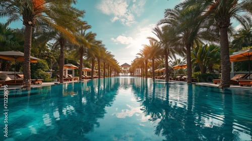 The shimmering surface of a luxurious swimming pool surrounded by palm trees and lounge chairs © MagicS