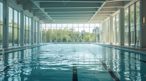 An indoor swimming pool with large windows, allowing natural light to illuminate the clear blue water © MagicS