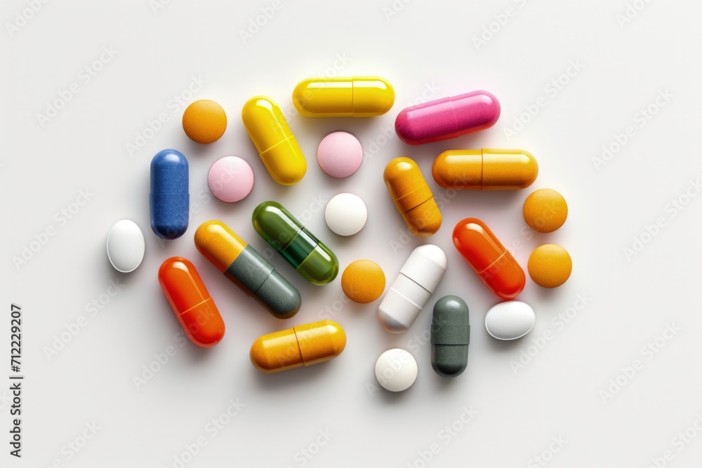 Medical pills and capsules on white background for design.