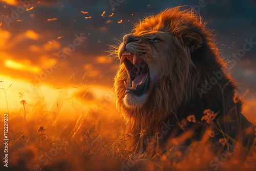 majestic lion roaring at sunset  with the African savanna