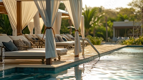 A luxury poolside experience, where guests bask in the opulence of cabanas