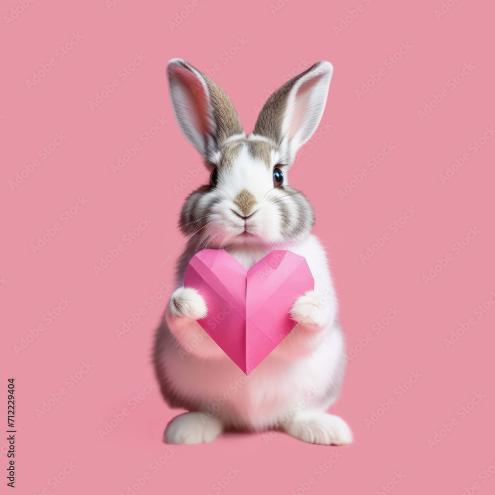 Fototapeta premium White banny with paper heart on a pink background Valentines Day.