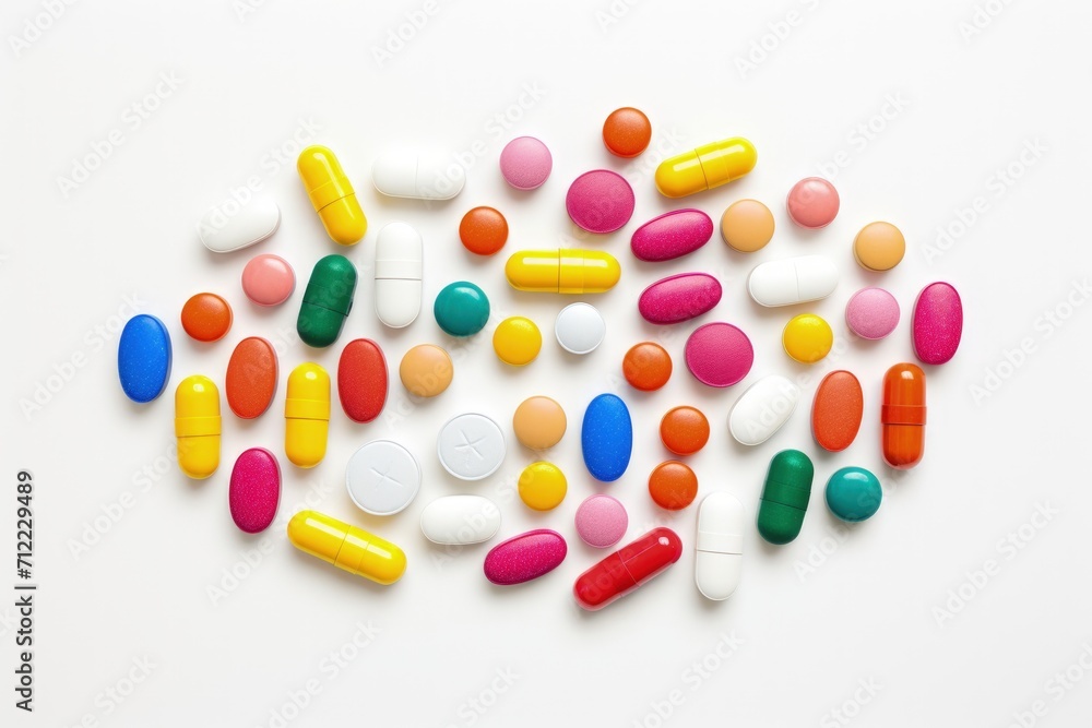 Many colorful pills and tablets isolated on white.
