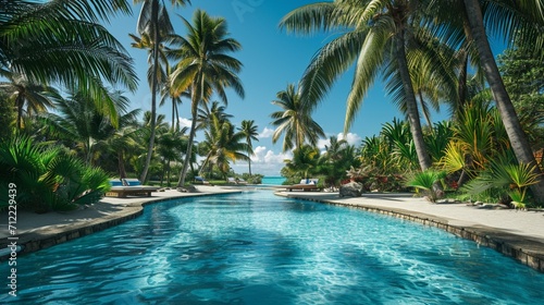 A pool party in a tropical paradise, surrounded by palm trees, sand, and a laid-back island atmosphere