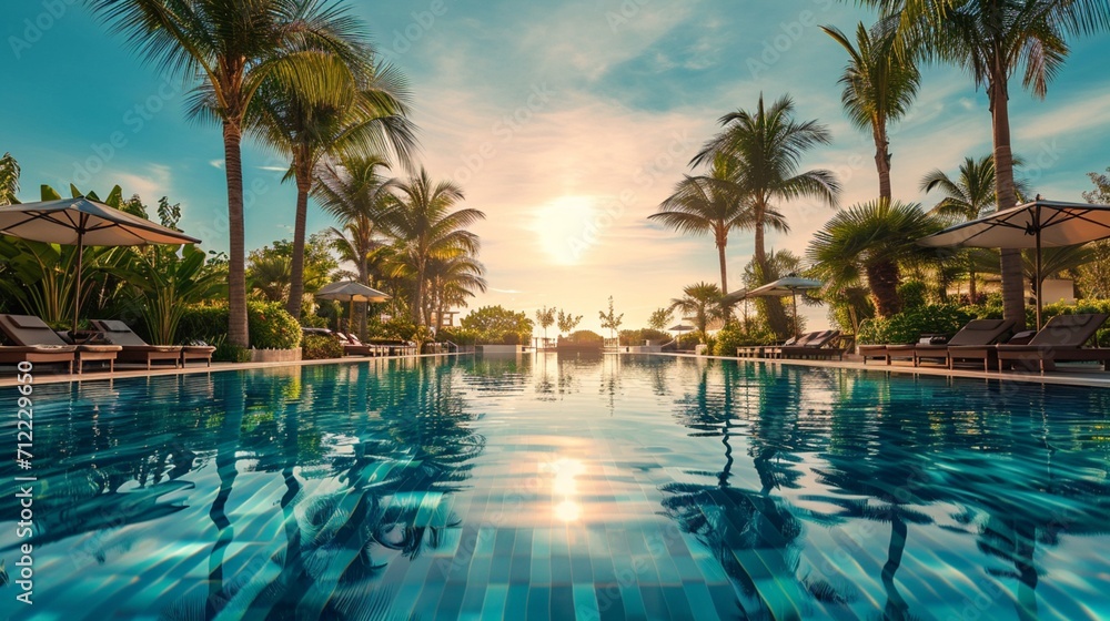 The shimmering surface of a luxurious swimming pool surrounded by palm trees and lounge chairs The shimmering surface of a luxurious swimming pool surrounded by palm trees and lounge chairs