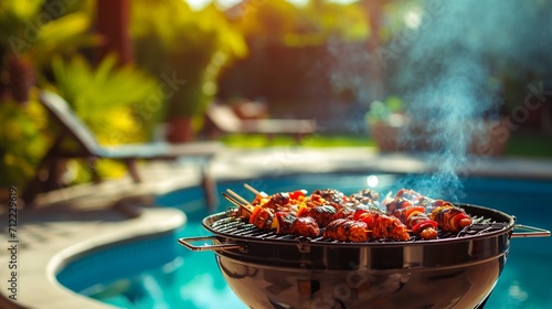 A poolside barbecue party with sizzling grills, delicious aromas, and casual summer vibes photo