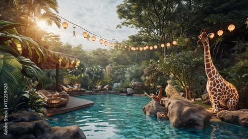 A jungle adventure pool party with animal-themed decorations and kids in safari outfits © MagicS