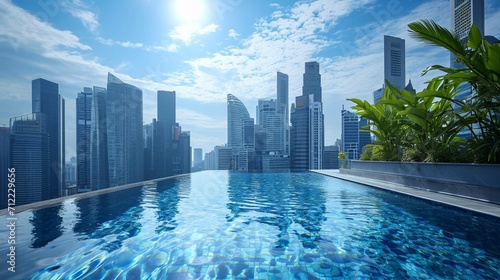 A rooftop pool in a bustling city setting  with skyscrapers towering in the background