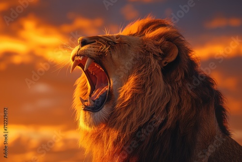 majestic lion roaring at sunset  with the African savanna