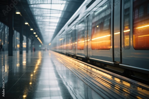 Motion blur of a train at a station with a reflective floor and soft lighting.