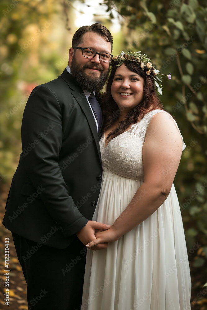 Naklejka premium wedding portrait of happy plus size couple in love, embracing with faces close holding bouquet 