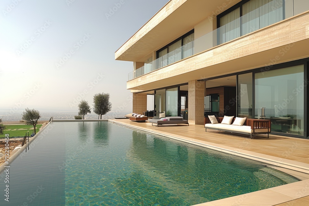 Fototapeta premium a pool backyard at modern minimalist house with a modern sofa ideas style inspiration