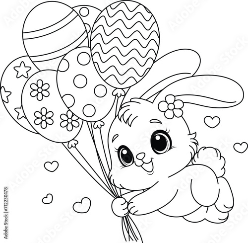 Easter Bunny flies with balloons coloring page 