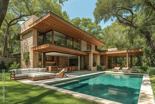 a pool backyard at modern minimalist house with a modern sofa ideas style inspiration © Ahmad