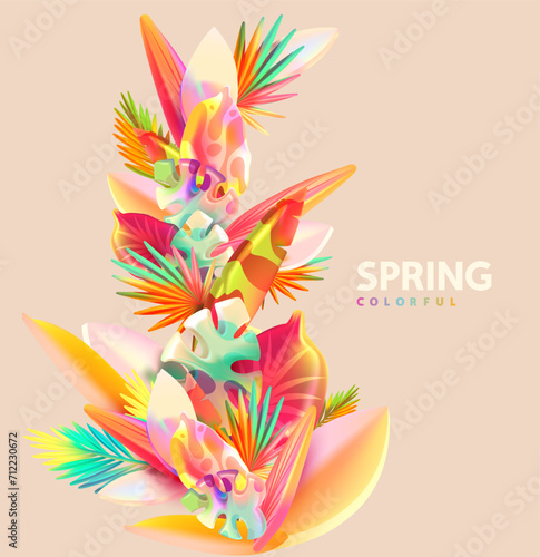 Spring 3D tropical leaves and plants on light background. Abstract floral bouquet.