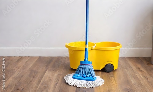a blue mop and a yellow bucket on a white background
