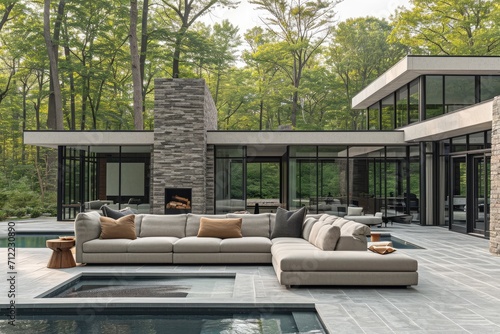 a pool backyard at modern minimalist house with a modern sofa ideas style inspiration