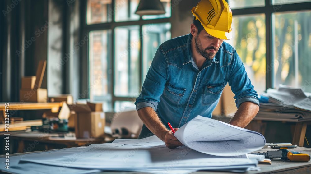 An architect reviews and unrolls blueprints on a table in a bright modern office space. An architect reviews and unrolls blueprints on a table in a bright modern office space.